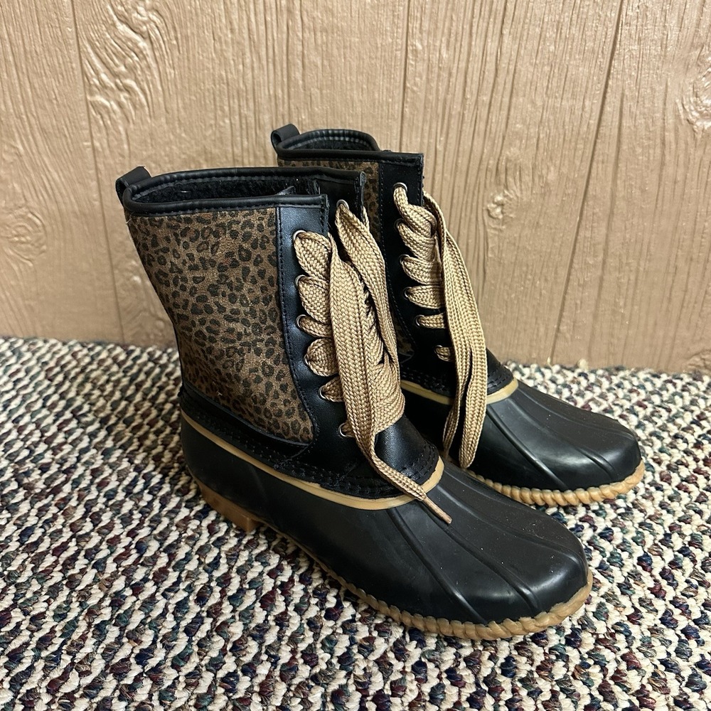 Lands End Fleece Lined Sherpa Duck Boot Weather Tough Cheetah‎ Print Size 7.5